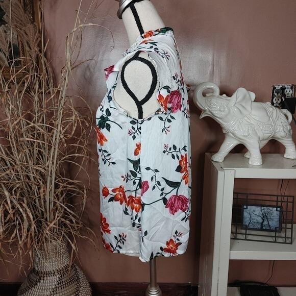 Old Navy Size Xs White Pink Red Floral Blouse Top Sheer Frill Rouched Stretchy - Picture 8 of 9